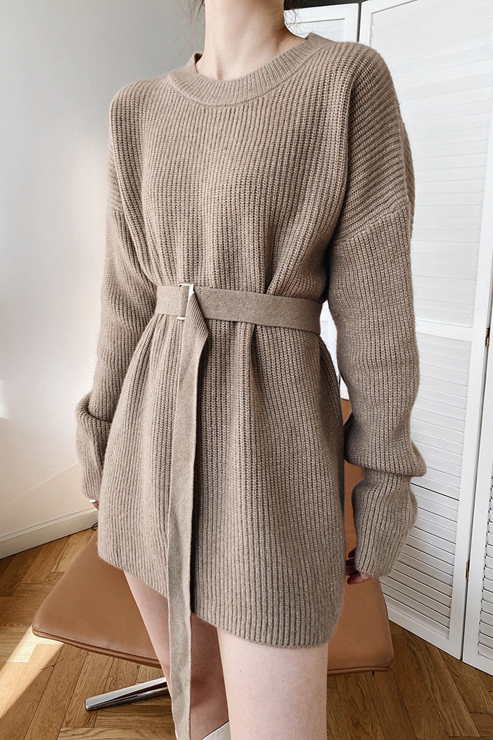 Mid-Length Round Neck Sweater Dress