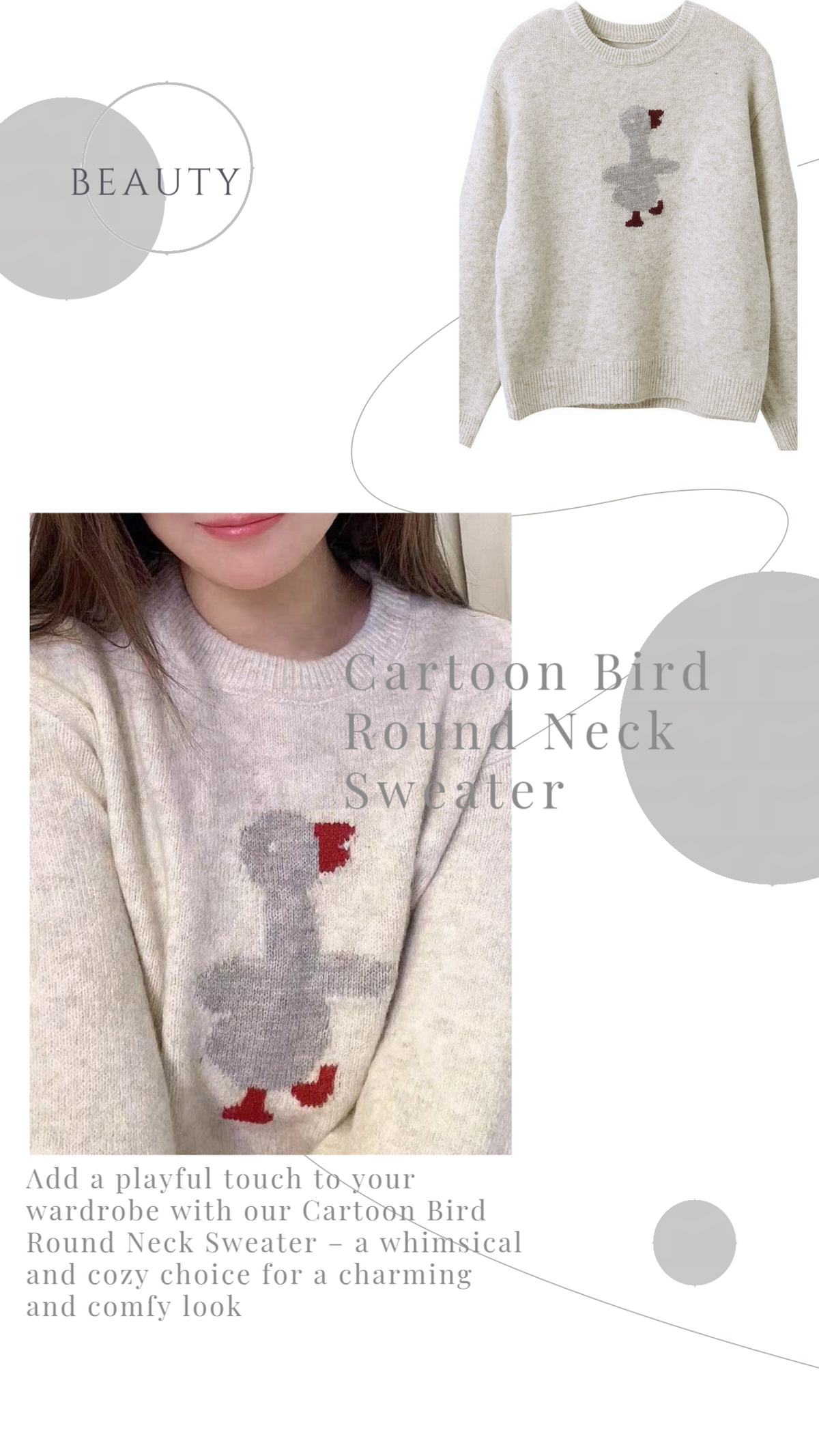 YP Style Cartoon Bird Round Neck Sweater