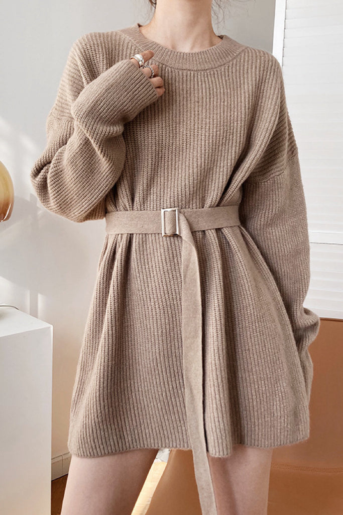 Mid-Length Round Neck Sweater Dress