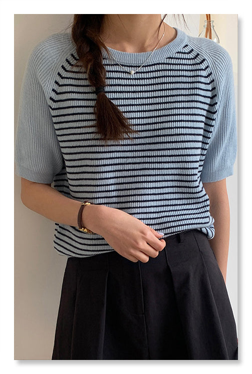 YP Style Striped Short Sleeve Knit Sweater