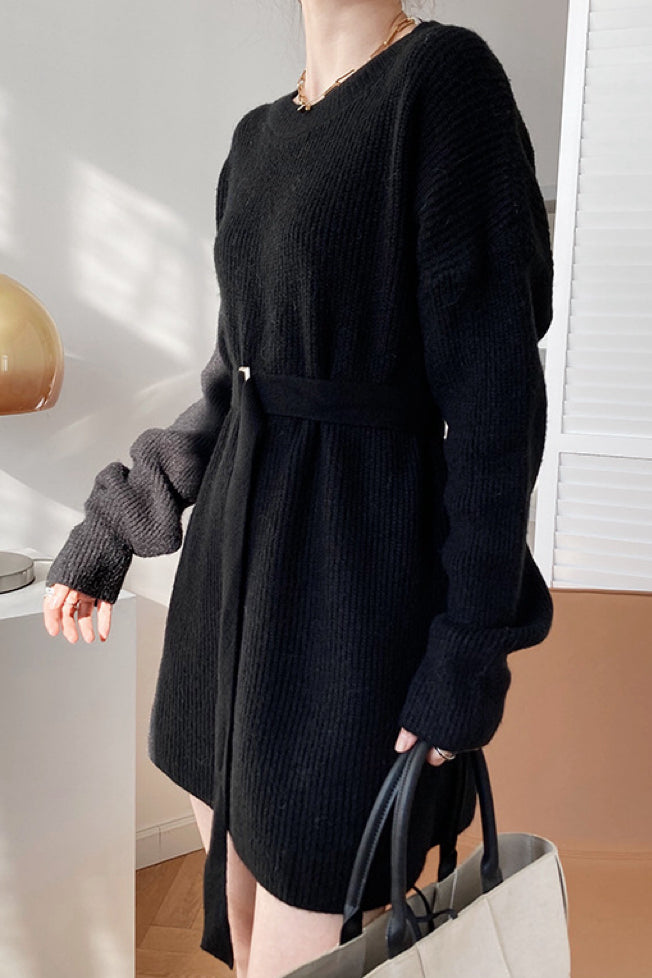 Mid-Length Round Neck Sweater Dress