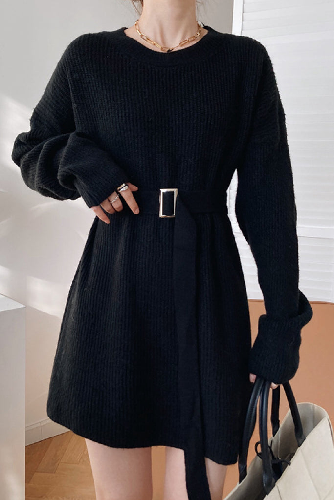 Mid-Length Round Neck Sweater Dress