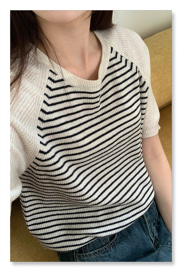 YP Style Striped Short Sleeve Knit Sweater